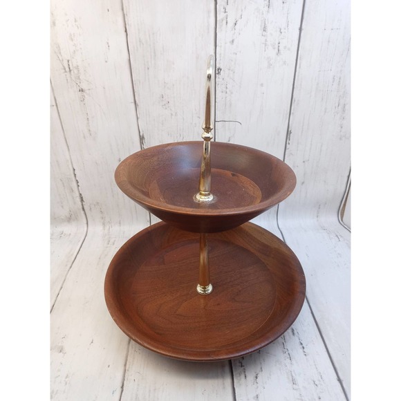 Vintage Ozark Walnutware Canape Tray 2 Tier Solid Walnut w/ Gold Handle (shelf) - Picture 3 of 5